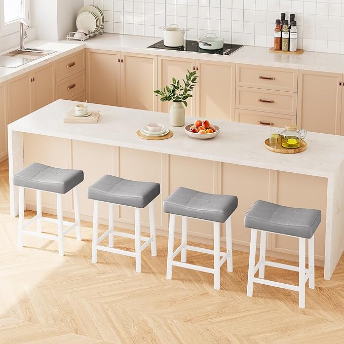 GarveeHome Counter Height Bar Stools Set of 4, 24 Inch Barstools for Kitchen Island Counter, Upholstered Padded Saddle Chairs with Curved Cushion, Easy Assembly, Grey
