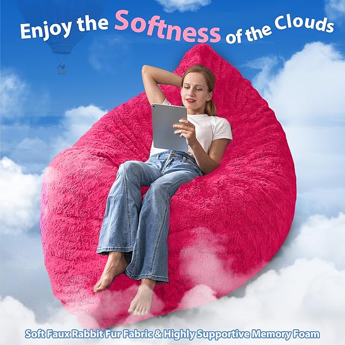 HABUTWAY 4 in 1 Bean Bag Chair, Giant Memory Foam Filling Bean Bag Sofa, Adult Bean Bag Chair, Machine Washable Faux Fur Cover, Bean Bag for Adult (Rose Red)