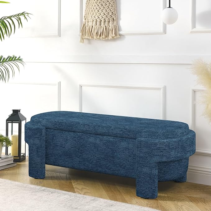 KEIKI 51" Linen Ottoman Bench with Large Storage Space, Upholstered Seating Foot Rest Stool Furniture for Bedroom, Living Room, Entryway, Dark Blue