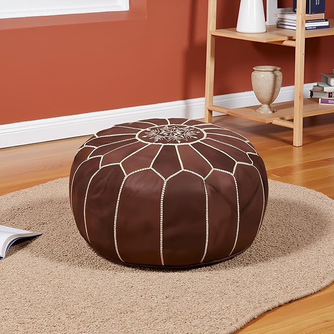 Stuffed Round Design Moroccan Leather Pouf Ottoman, Handmade, Pre-Filled, 100% Genuine Leather, 13” Height x 20” Diameter, Footstool & Living Room Décor (Brown)