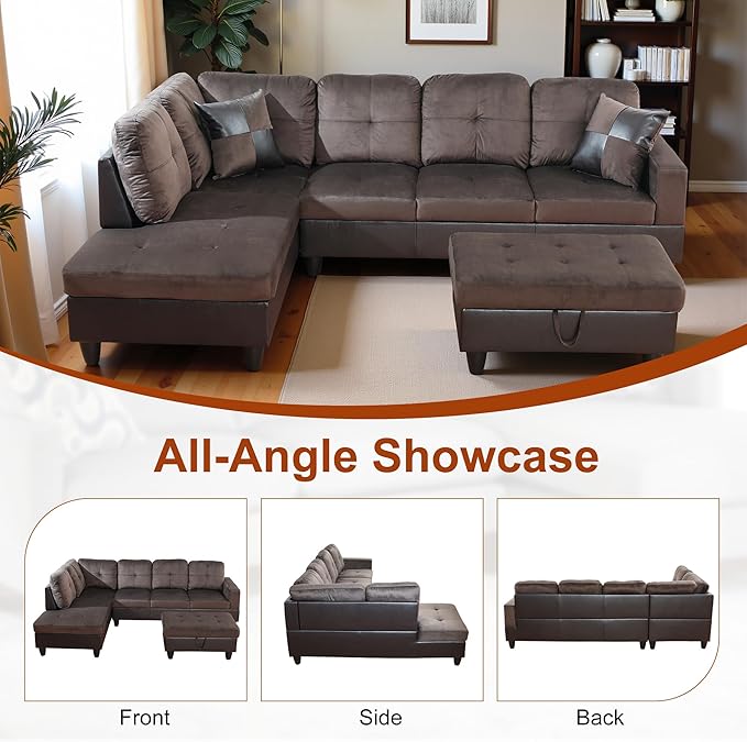 Osparple L Shaped Couch Sectional Couches for Living Room Upholstered Flannel 3 Pieces Modular Sectional Sofa with Chaise, Ottoman with Storage for Living Room and Small Apartment, Deep Brown