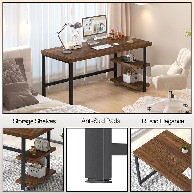 FOLUBAN Modern Computer Desk for Home Office, Large Writing Table with Storage Shelves, Wood and Metal Study Gaming Desk Workstation for Living Room, Rustic Walnut, 60 Inch