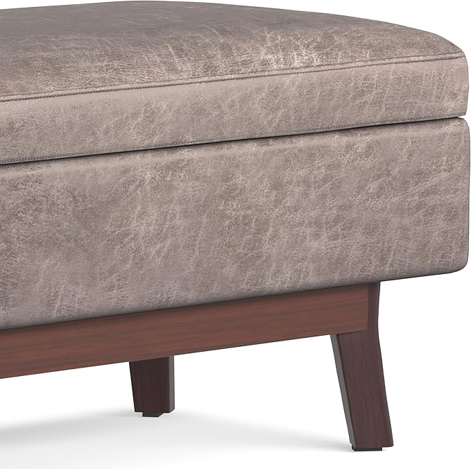 SIMPLIHOME Owen 48 inch Wide Mid Century Modern Rectangle Rectangular Storage Ottoman in Distressed Grey Taupe Vegan Faux Leather, Assembled, for the Living Room, Entryway and Family Room