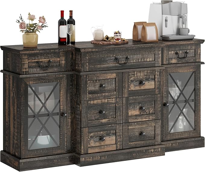 YITAHOME Television Stand for 65/55 Inch TV, Farmhouse TV Stand with 9 Drawers, Adjustable Shelves and Tempered Glass Doors, Entertainment Center TV Media Console for Living Room, Dark Rustic Oak