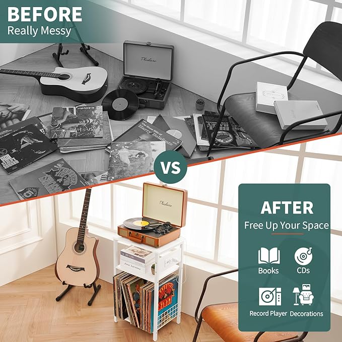 Yoobure Record Player Stand, 3-Tier White Side Table with Charging Station, Small End Table Record Holder with Vinyl Storage, Beside Tables Turntable Stand for Album CD, Night Stand for Living Room