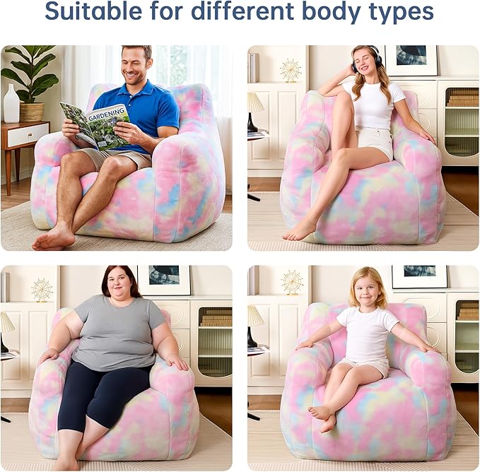 Large Bean Bag Chairs for Adults & Kids, 3FT Memory Foam Bean Bags with Filler, Ultra Soft Faux Fur Fabric - Fluffy Bean Bag Chair for Living Room Bedroom College Dorm (Colorful)