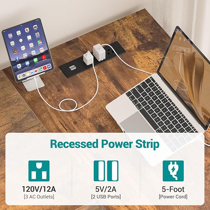 Reversible L Shaped Computer Desk with Power Outlets and USB Charging Ports, Sturdy Corner Desks with Storage Shelf, Modern Work Gaming Table for Home Office, Easy to Assemble, Rustic Brown