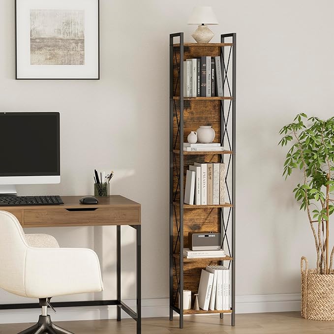 Homhedy 6 Tier Bookshelf Bookcase, Tall Narrow Bookshelf for Small Space, Metal Storage Shelves with Back Panel, for Home Office, Living Room, Kitchen, Bedroom, Industrial Style, Rustic Brown