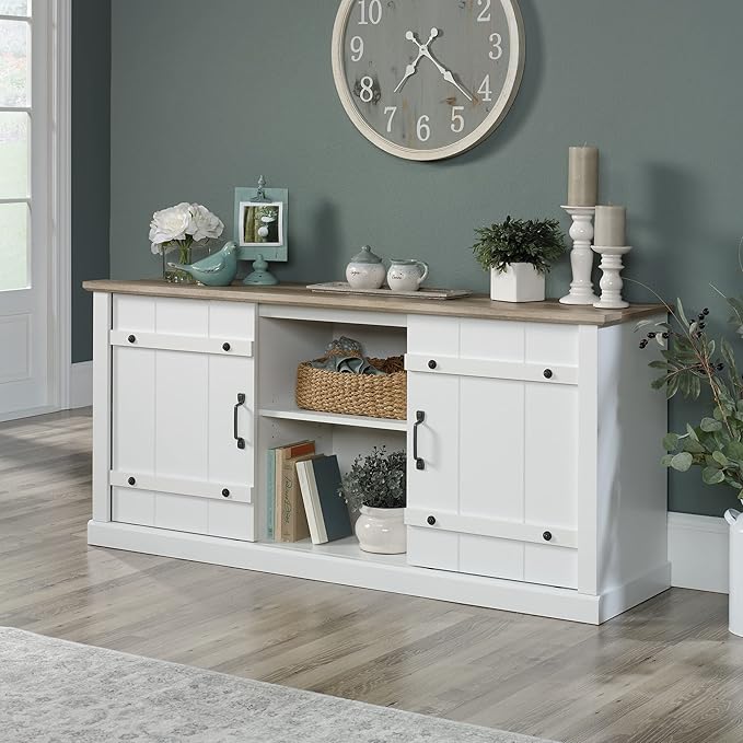 Sauder Miscellaneous Entertainment Farmhouse TV Stand, for TVs up to 70", Soft White Finish