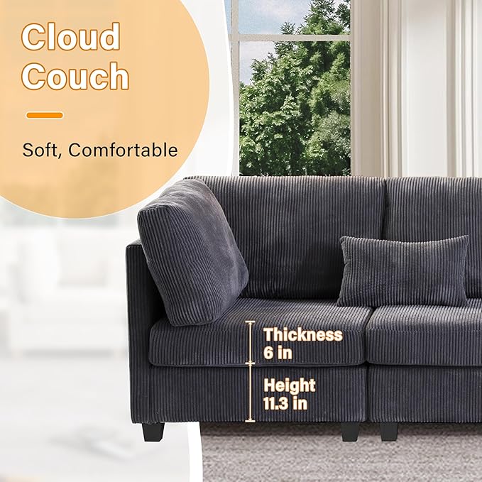126" Convertible L-Shaped Modular Sectional Sofa, 4 Seater Corduroy Upholstered Corner Sofa Couch with Extra Wide Deep Seat, DIY Combination Lounger Sofa with Solid Wood Legs for Living Room Office