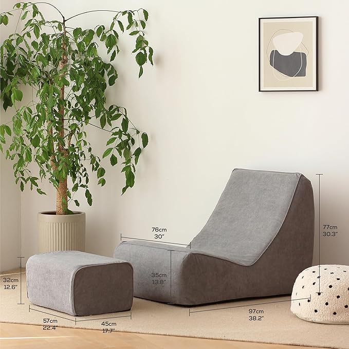 N&V Bean Bag Chair Single Seated Foam Sofa Armless Floor Sofa with High Density Foam Removable and Machine Washable Cover (Grey, Large, No Stripes)