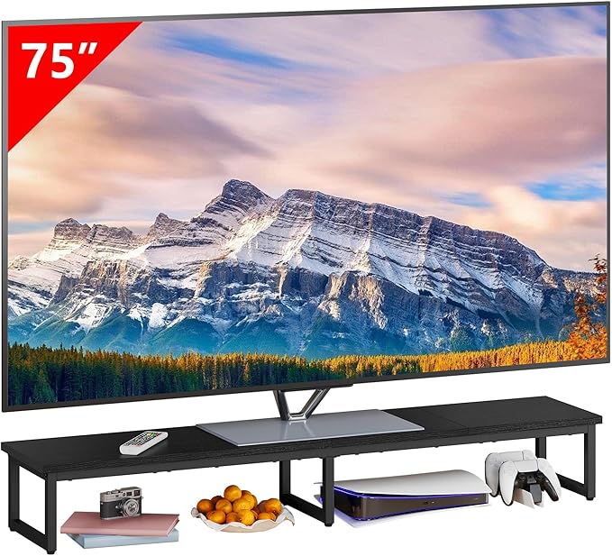 Clikuutory 59" Large TV Riser for 32-75 inch TVs, Tabletop Stand with Steel Legs, Storage & Dual - Screen Office Desk Function, Ideal for Home Office, Bedroom, Living Room, Black