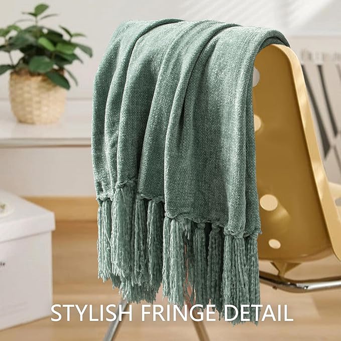 Chenille Throw Blanket for Couch 60"X 80" Twin, Soft Cozy Throws with Fringe Tassel for Bed Sofa Chair Cover, Lightweight Knitted Decorative Boho Blankets for Living Room, Sage Green