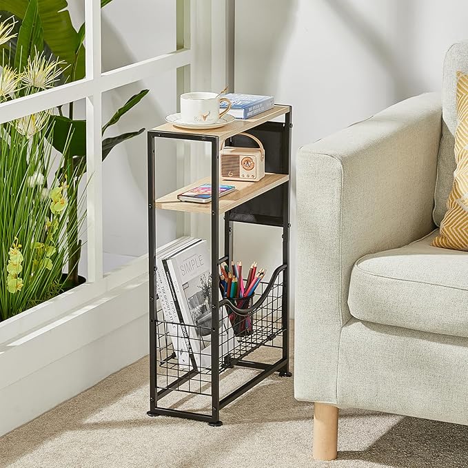 Narrow Side Table, Skinny Small End Tables with Magazine Holder, 3 Tier Small Sofa Side Table for Smalls Spaces, Sofa Couch Tables Bedside Table for Living Room Bedroom Office