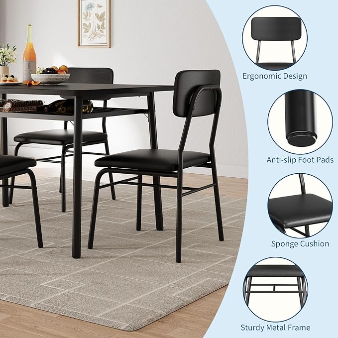 GAOMON 5-Piece Dining Table Set for 4, Wood Kitchen with Built-in Storage Rack,Small Kitchen Table with Upholstered Chairs and Metal Frame for Small Spaces, Black