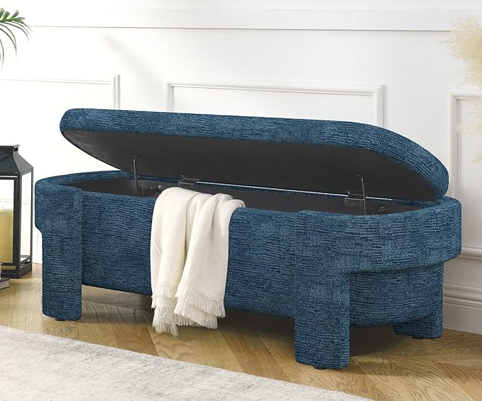 KEIKI 51" Linen Ottoman Bench with Large Storage Space, Upholstered Seating Foot Rest Stool Furniture for Bedroom, Living Room, Entryway, Dark Blue
