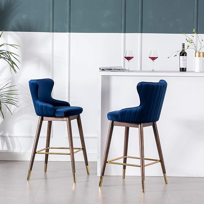 Roundhill Furniture Leland Fabric Upholstered Wingback Bar Stools, Set of 2, Blue