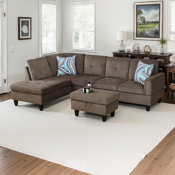 NicBex Sectional Couch 3 Pieces Sofa Set with Right Chaise Pineapple Velvet L Shaped Cloud Couch for Living Room Furniture Sets with Storage Ottoman, Modular Sofa for Living Room & Apartment, Walnut