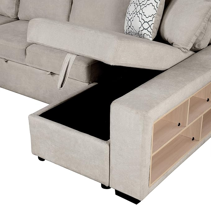 109" U-shaped Sectional Pull-out Sofa Bed with Storage Chaise,2-in-1 Convertible Couch W/ 4 Back Pillow & 2 USB Ports,Luxurious Sleeper Furniture Set for Living Room Large Space,Beige Chenille