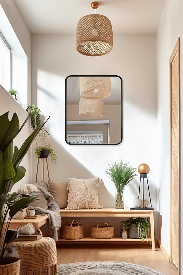 ANDY STAR Matte Black Mirror for Bathroom, 20x28 Inch Rounded Rectangle Mirror, Modern Vanity Mirror Tube Metal Frame HD Reflection Wall-Mounted Mirrors Vertically or Horizontally