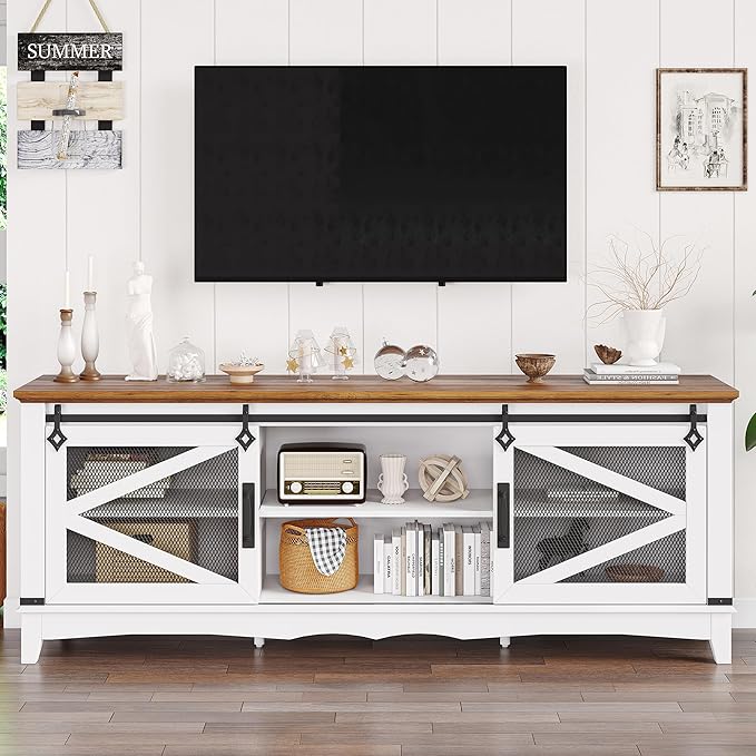IDEALHOUSE Modern TV Stands for Living Room, 65 Inch TV Stand Entertainment Center with Storage and Sliding Barn Doors, Media TV Console Cabinet with Adjustable Shelf (White)