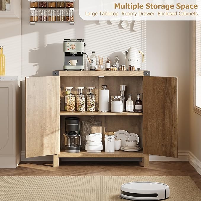 Garvee 31.5'' Small Rattan Buffet Cabinet with Storage, Kitchen Coffee Bar Cabinet with Doors, Boho Farmhouse Sideboard with Adjustable Shelves and Handle for Kitchen, Living Room, Natural