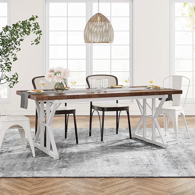 Tribesigns Farmhouse Dining Table for 6 People, 70.8-Inch Rectangular Wood Dining Table, Rustic Kitchen Table with Heavy Duty Metal Legs for Dining Room (Brown/White)