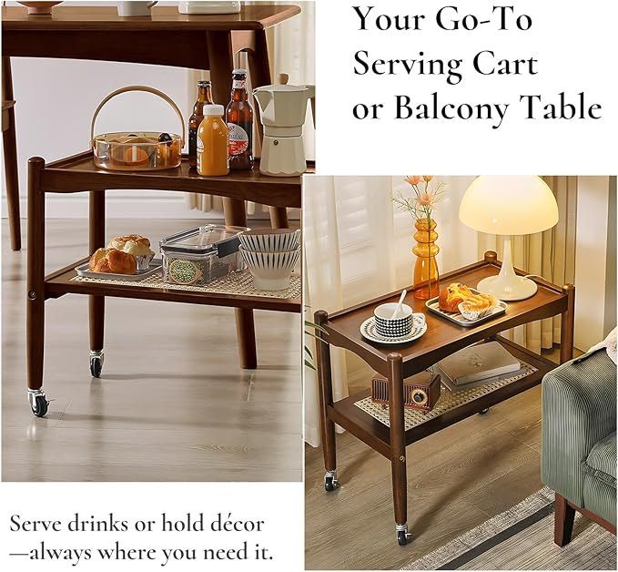 Rattan Side Table with Wheels, Small End Table with Storage, Narrow Wooden Bed Side Table for Living Room, Modern Slim Sofa Nightstand, 23.43" W*12.99" D*19.69" H, (Walnut)