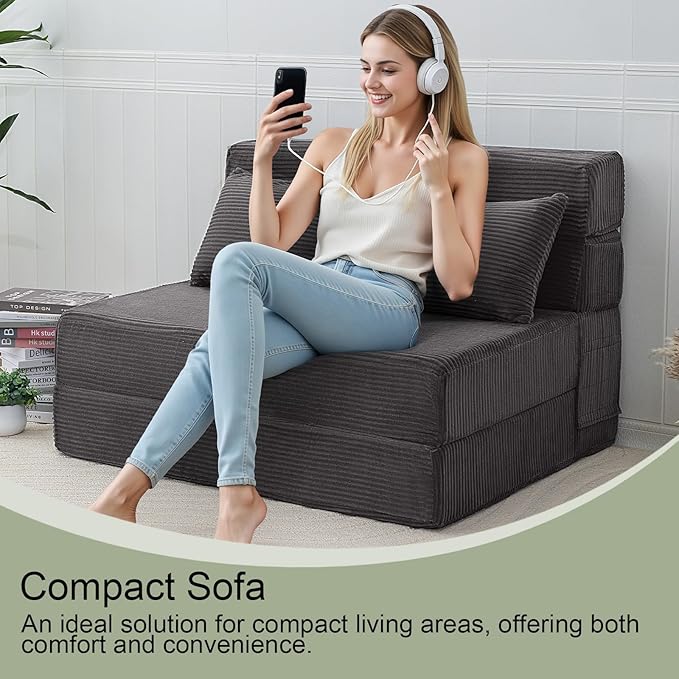 MeMoreCool Boneless Folding Sofa Bed, Corduroy Convertible Sleeper Chair, Foldable Foam Mattress Chair, Comfy Fold‑Out Futon Couch Bed, Large Floor Sofa Couch for Living‑Room Guest