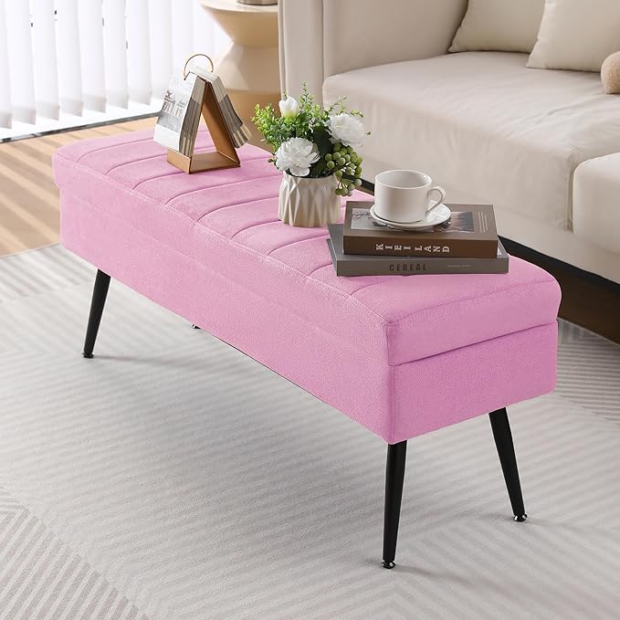 CUYOCA Storage Ottoman Bench, 43.5" Upholstered Entryway Bench, Long Ottoman with Storage for Living Room, Support 660lbs - Fabric Pink