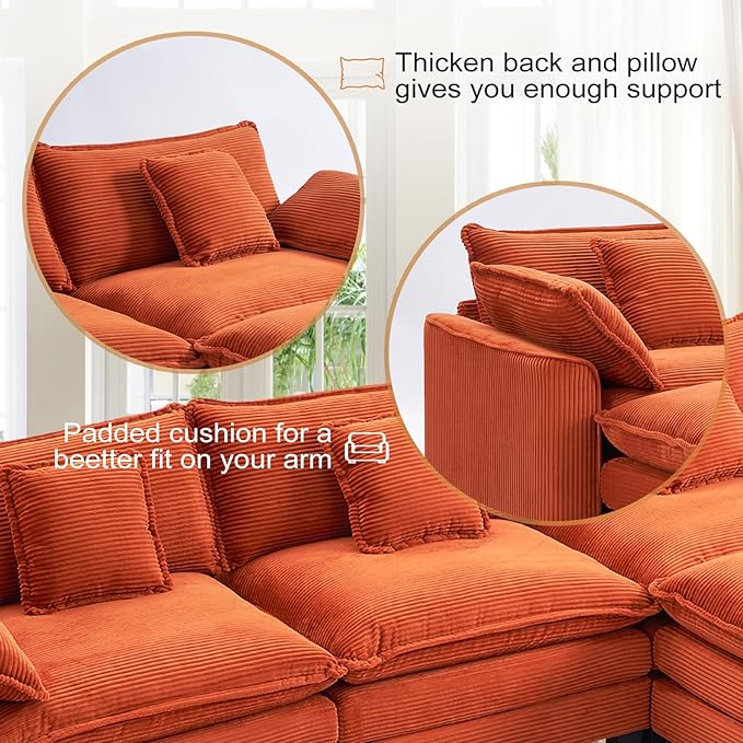 Furniliving Oversized Accent Chair with Ottoman, Luxury Corduroy Single Sofa, Upholstered Deep Seat Chaise Lounge with Pillows for Living Room, Bedroom, Apartment, Orange