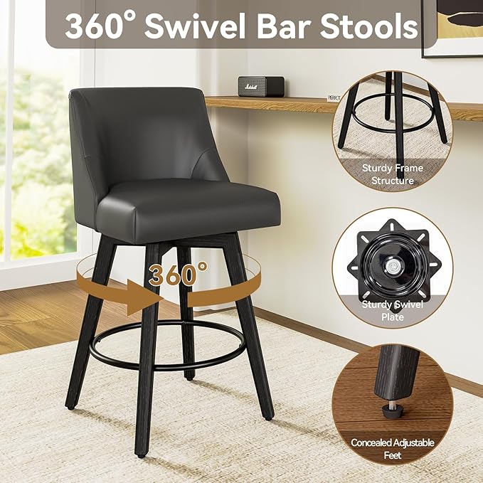 26.8 Inch Counter Height Bar Stools with Back, Swivel Bar Stools Set of 2, Modern Kitchen Barstools with Footrest, Faux Leather Upholstered Bar Chairs, Solid Wood Legs for Island, Pub, Black