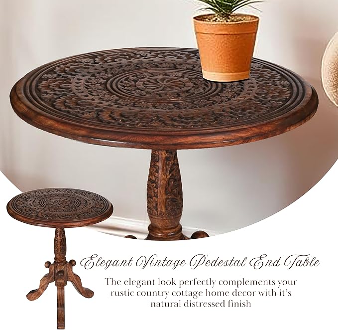 The Wooden Town Handcrafted Carved Round Side Table – 18x21 Inch Coffee Table for Living Room | Solid Wood Accent End Table with Pedestal Base | Altar Table for Home Décor