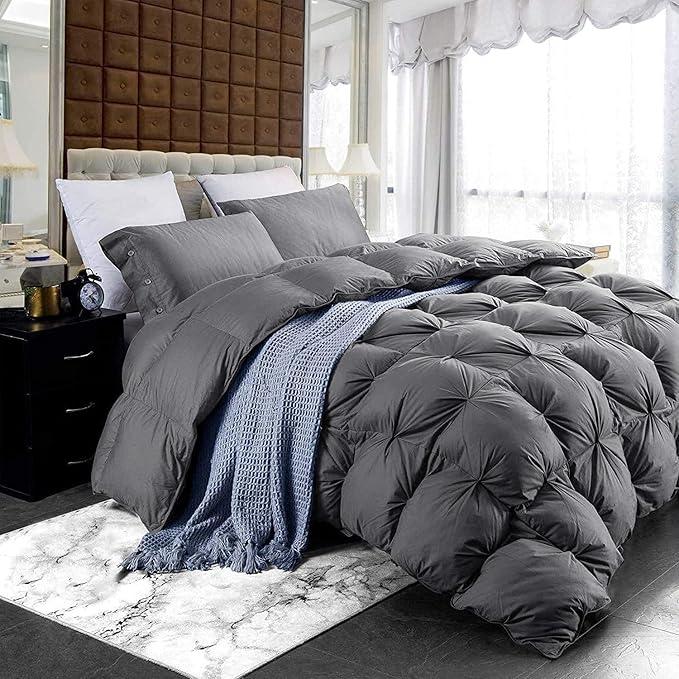 Luxurious Heavyweight Goose Down Feather Fiber Comforter, Exquisite Pinch Pleat Design, Oversize California King/Cal King 108 x 98, 100% Egyptian Cotton, 90 oz Fill Weight, Gray