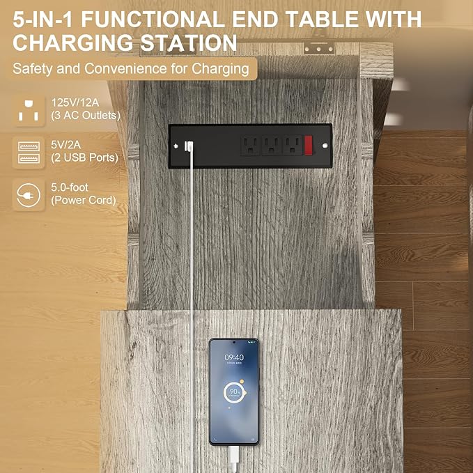 End Table with Charging Station 24'' Nightstand with Charging Station Vintage Side Table with Storage Wooden Sofa Side Table and Outlets Bedside Table for Living Room Office Bedroom (Grey)