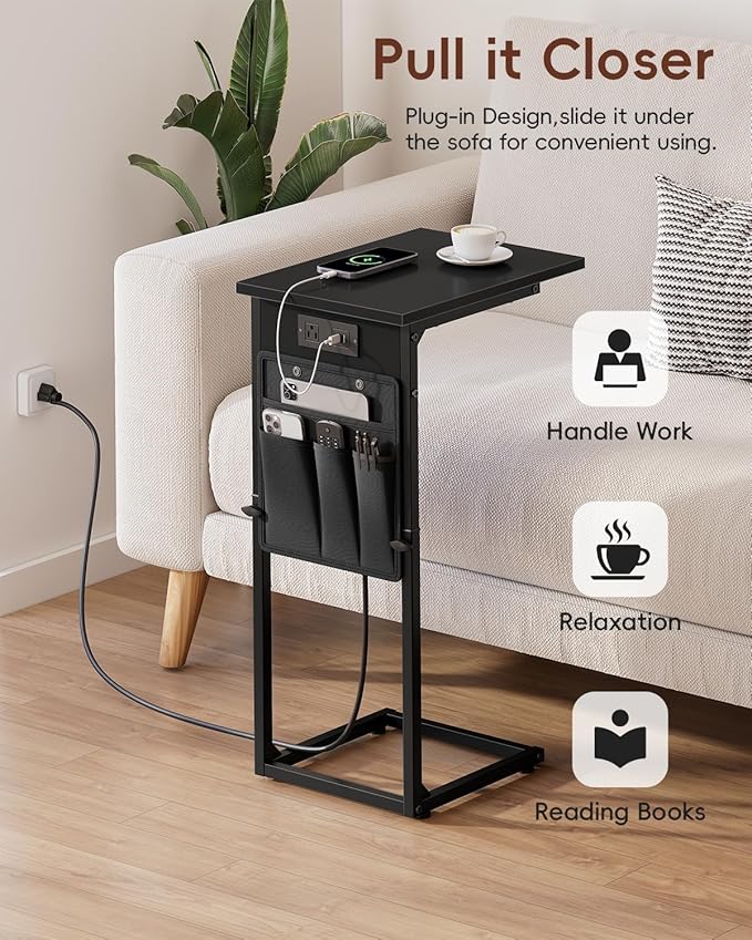 Vagusicc C Shaped End Table with Charging Station, Adjustable Height Side Table for Sofa, Couch Side Table for Small Spaces, Slide Under Sofa TV Tray Snack Arm Tables for Living Room, Bedroom, Black