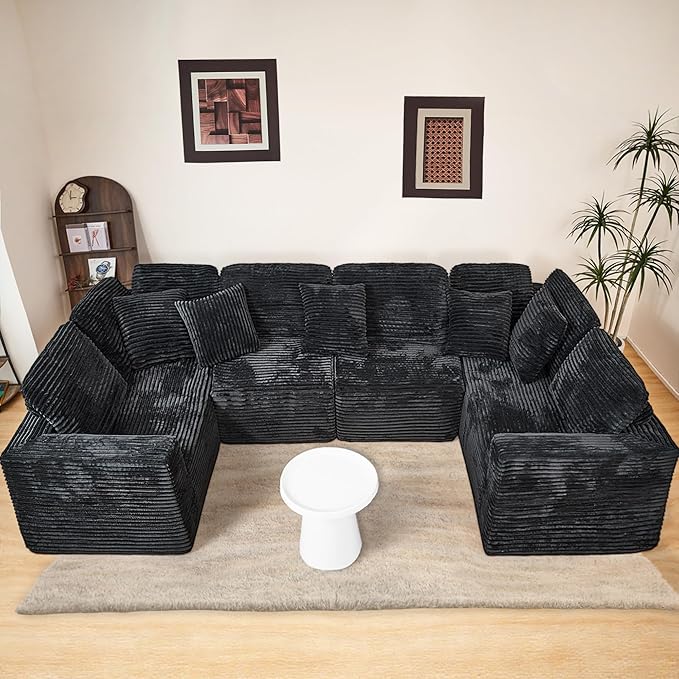 KEIKI 135" U Shape Sectional Sofa,6-Seater Modular Couch with Striped Corduroy Fabric for Living Room,Reversible Design