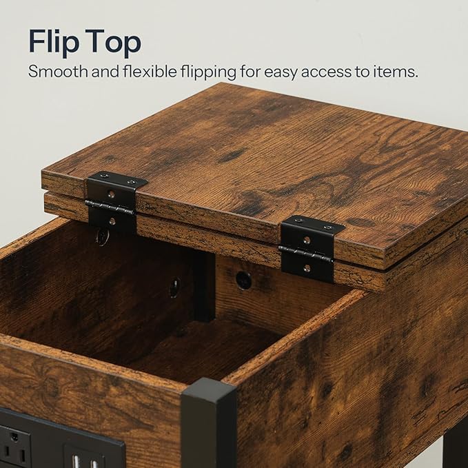 HOOBRO End Table with Charging Station, Flip Top Side Table with USB Ports, Narrow Nightstand Bedside Tables with Storage Shelves, for Small Space, Living Room, Rustic Brown and Black BF141UBZ01