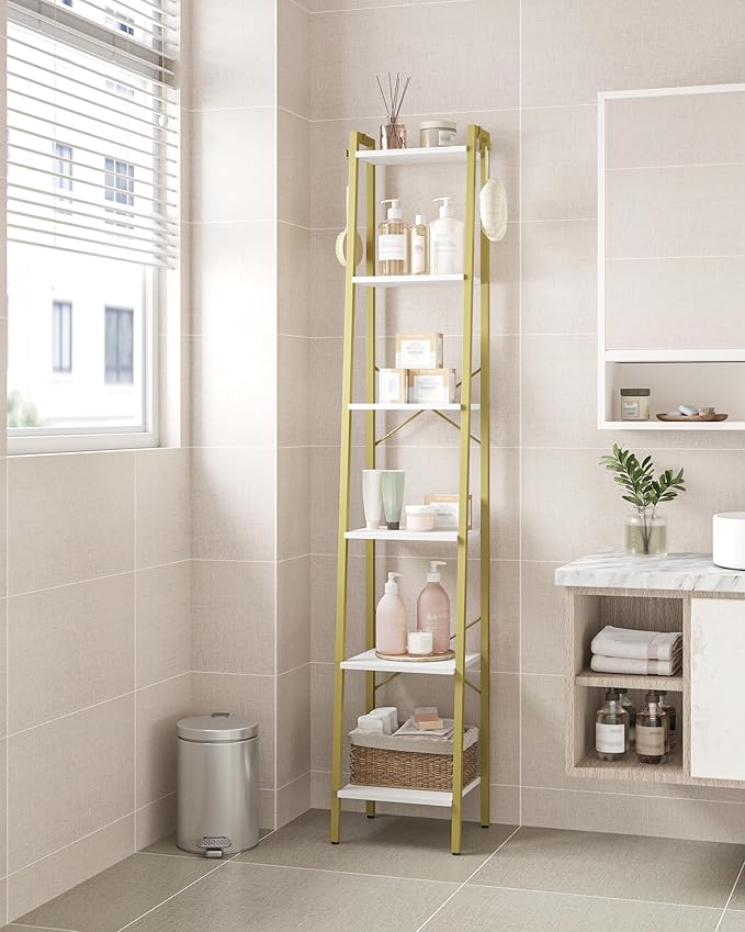 Ladder Shelf, Bookshelf Bookcase, Freestanding Corner Storage Shelve with 2 Hooks for Home Office, Living Room, Kitchen, Bedroom, Industrial, 6-Tier White Gold BC13313G