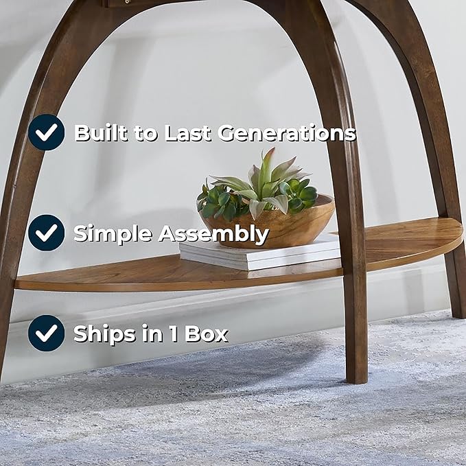 Martin Svensson Home LAX Two-Tone 48-Inch Caramel Brown Half-Moon Wood Sofa Console Table with Walnut Legs and Shelf Storage