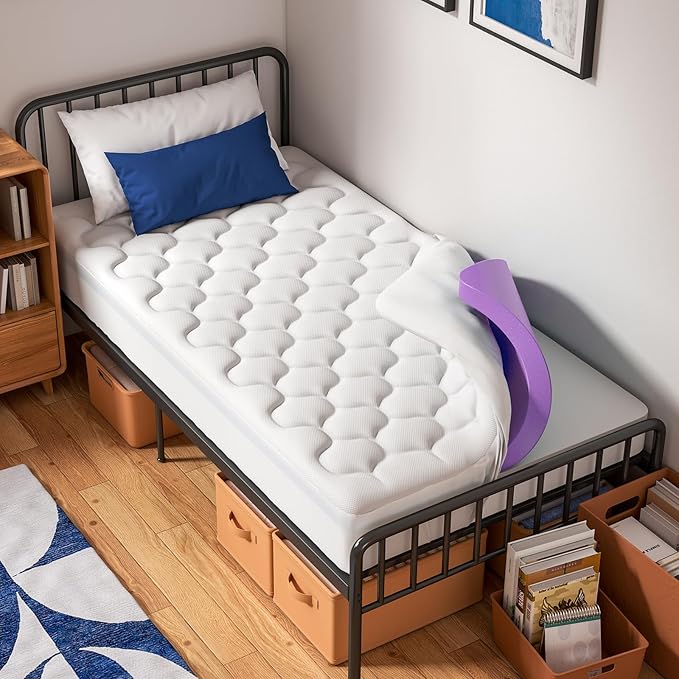 OhGeni Cooling 4 inch Dual Layer Twin XL Mattress Topper, 2 inch Gel Memory Foam, 2 inch Down Alternative Pillow Top Pad, Mattresses Cover for Bed, Medium Support, Fits 6”-19” Deep Pocket,Purple