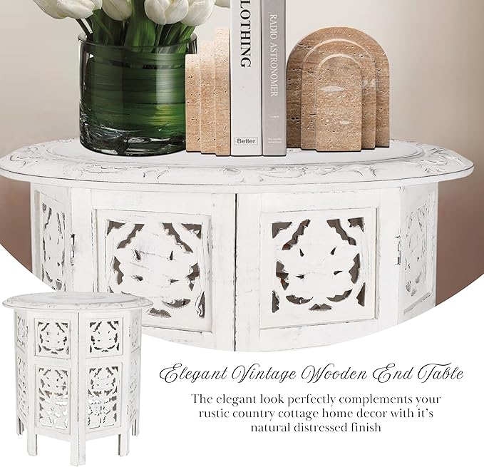 The Wooden Town Handcrafted White Wood End Table - Antique Finish, Small Accent Table 18"x18" for Living Room, Bedroom, Sofa Side or Nightstand Use