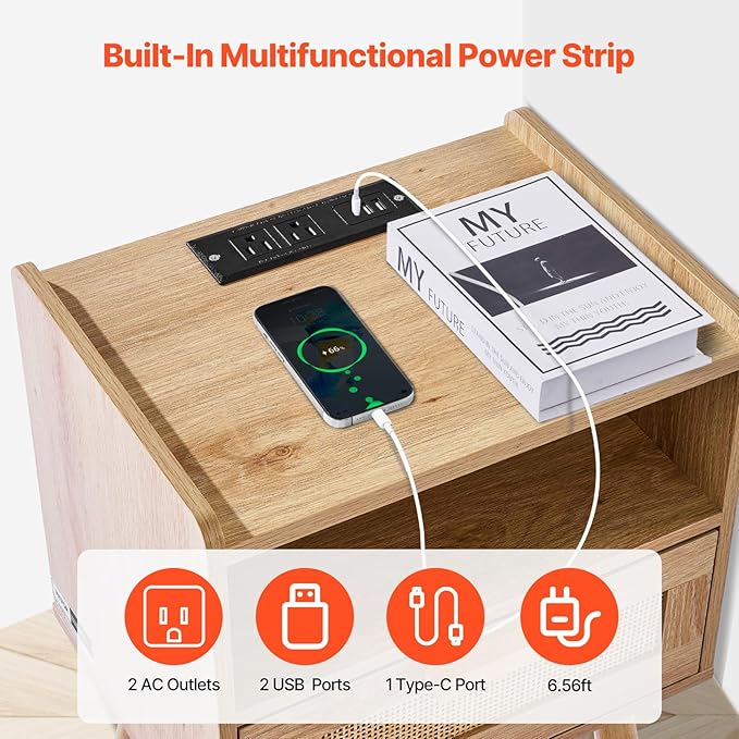 VEVOR Rattan Nightstand, Boho Bedside Table with Drawer Open Shelf, End Table Wooden Nightstand with Solid Wood Legs, Rattan Side Table with Charging Station, for Bedroom