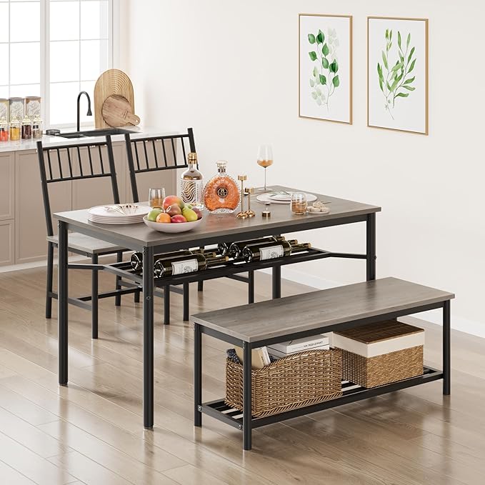 Dining Table Set for 4, Kitchen Table for 4 with Bench and 2 Chairs, 4-Piece Dining Table Set for Apartment, Small Space, Gray