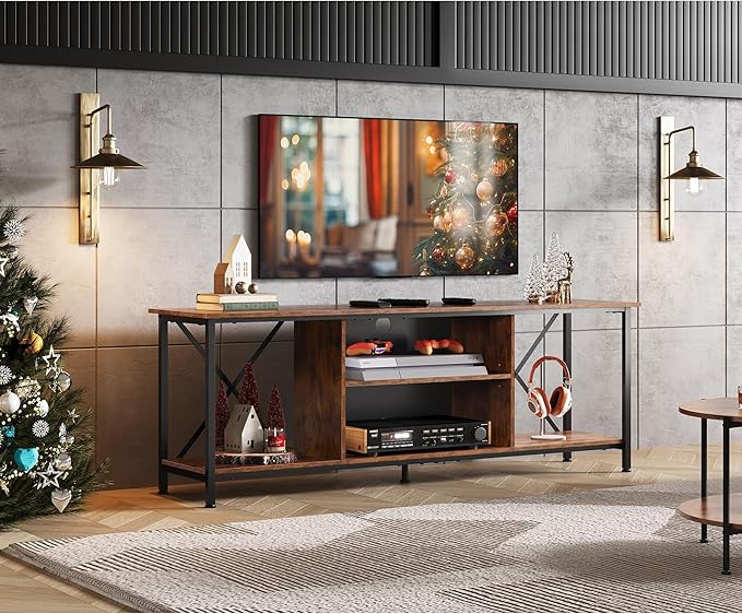 WLIVE TV Stand up to 65 Inch TV, 55" Entertainment Center, Industrial TV Console with Open Storage Shelf for Living Room and Bedroom, Rustic Brown