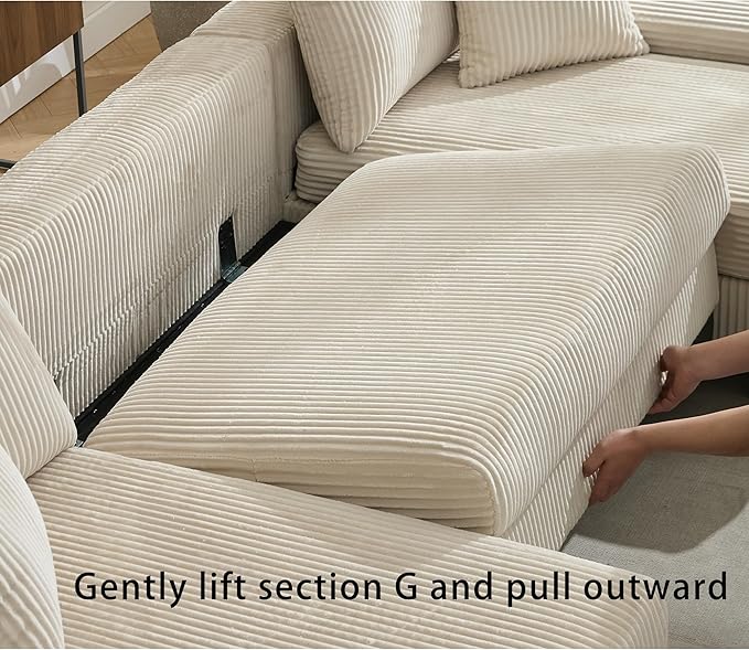 Symmetrical U Shaped Sectional Sofa Convertible Pull Out Sleeper Sofabed with Double Chaise Daybed , Corduroy Upholstered U Shaped Lounge Sofa Couch Bed w/ Throw Pillows for Living Room Apartment