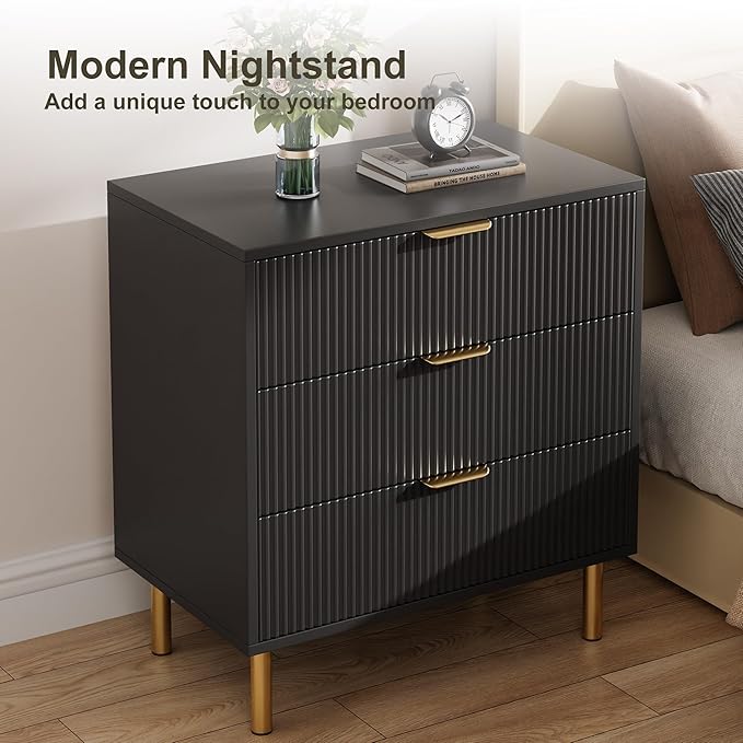 Black Dresser, Modern 3 Drawer Dresser for Bedroom with Gold Handle and Large Drawer, Wood Double Chest of Drawers and Storage Organizer for Living Room, Hallway, Entryway