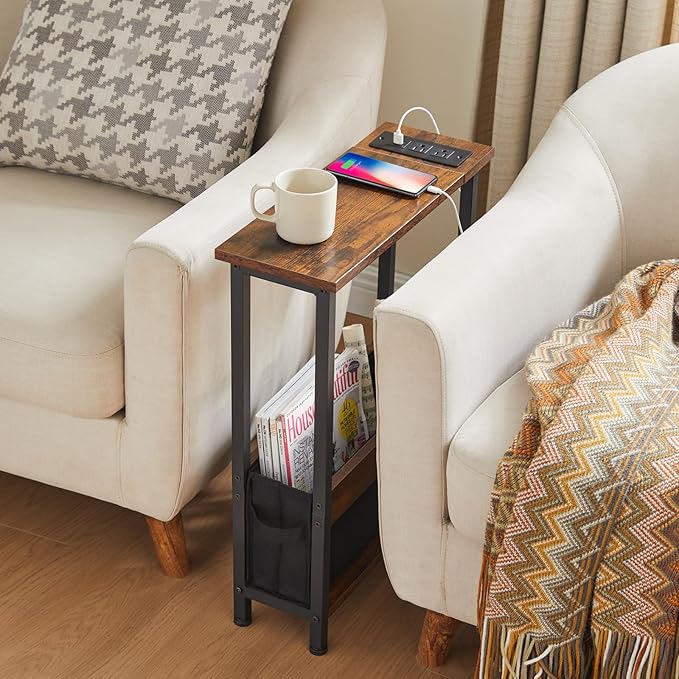 Slim Charging End Table with Storage - For Small Spaces and Bedroom