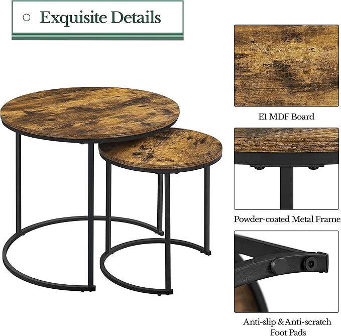 Yaheetech Nesting Coffee Table, Round Coffee Table for Living Room, Nesting Table with Wooden Tabletop and Sturdy Metal Frame, Stacking Living Room Tables Nesting End Table Set of 2, Rustic Brown