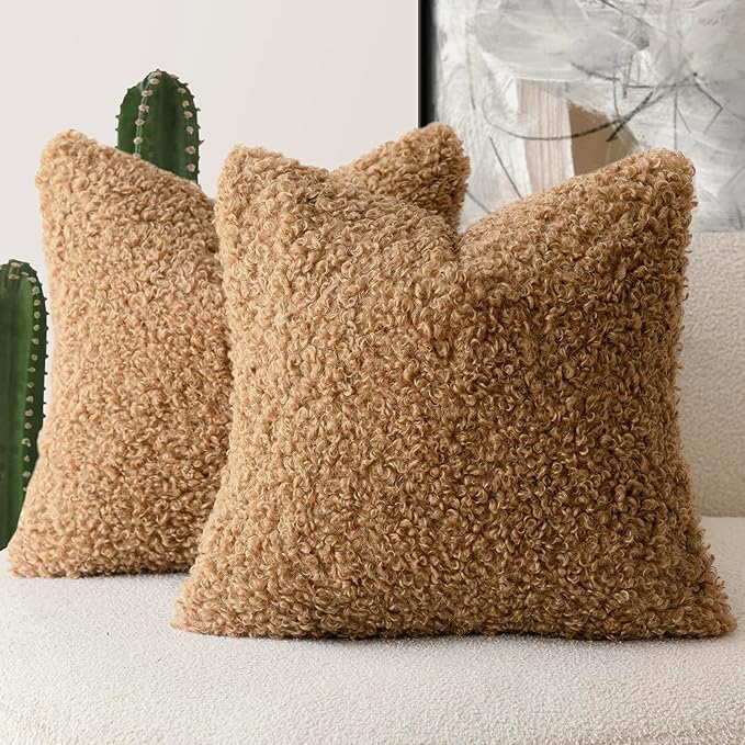 Foindtower 2 Pieces 26x26 Inch Bronze, Faux Fur Throw Pillow Cover Accent Sherpa Pillow Fuzzy Soft Pillowcases Sheepskin Decorative Fleece Cushion Case for Bed Couch Living Room
